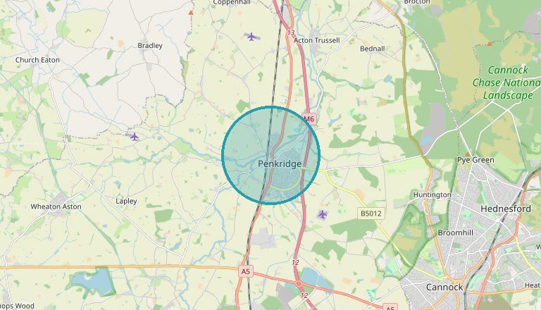 Map of the Penkridge area in Staffordshire with a shaded circle marking the general area